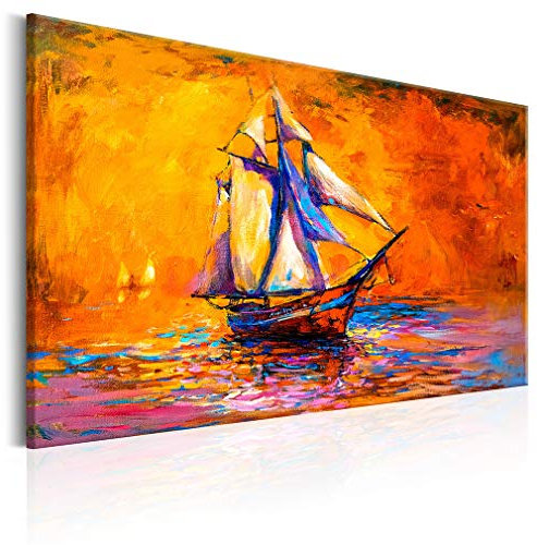 decomonkey Bilder Schiff 120x80 cm 1 Teilig Leinwandbilder Bild auf Leinwand Vlies Wandbild Kunstdruck Wanddeko Wand Wohnzimmer Wanddekoration Deko Abstrakt Landschaft Bunt Meer Wie Gemalt