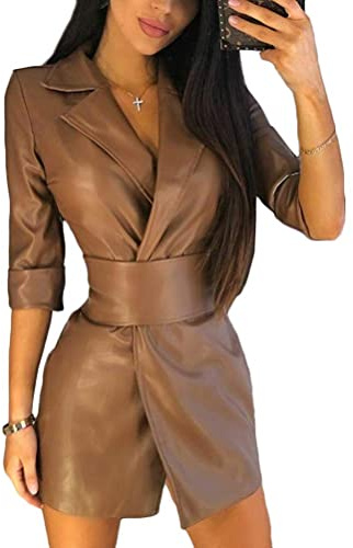 Minetom Donne PU Vestito Clubwear Abito da Festa in Pelle Vestiti Blazer Bodycon Chiusura Lampo Cocktail Clubbing Mini Vestito A Marrone S