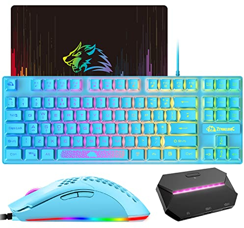 ZIYOU LANG Tastiera E Mouse Da Gioco, Plug & Play, Con Adattatore/convertitore, Tastiera Da Gioco Retroilluminata RGB + Mouse Programmabile 6400 DPI, Per Console Da Gioco/PC/Mac-Blu, QWERTY, Layout UK