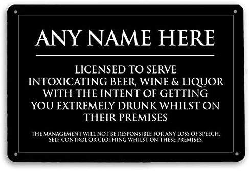Personalised Bar Sign - Licensed to serve Black & White Home Bar, Metal A4 Sign - home bar accessories
