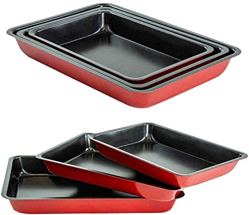 LIZZIE JACOBS 3 Pcs Non Stick Baking & Roasting Tray Set - Heavy Duty Carbon Steel Roasting Trays & Oven Trays - Oven Dish Bake Pan Bakeware - Easy Clean - Black/Red