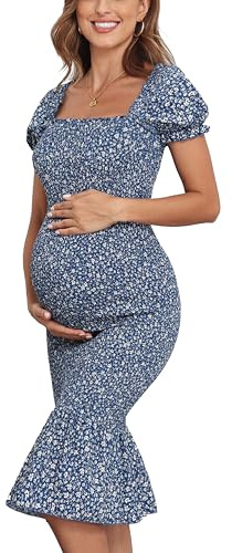 Vestido Ajustado de Verano de Longitud Media para Maternidad con Estampado Floral, Mangas abullonadas, Escote Cuadrado y Volante en el Dobladillo Estilo Sirena, Ideal para Fiestas del bebé, Azul, M