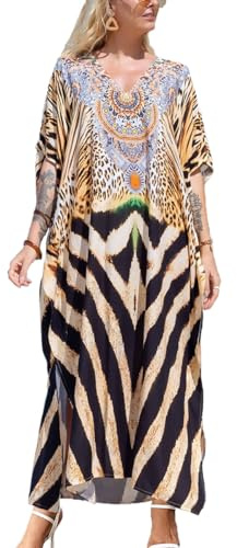 ZaisuiFun Vestido de Playa Kaftan Mujer Verano Algodón Largo Boho Caftán Manga Corta Talla Grande Vacaciones Bikini Cover Up