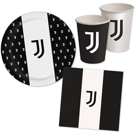 Set Compleanno Bianconero per 8 persone, Addobbi Decorazioni Stoviglie da Tavola Tema Calcio Festa Party Anniversario Bambini - 8 Piatti, 8 bicchieri, 20 tovaglioli