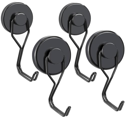 4 Stück Drehbar Magnethaken Extra Stark, Schwarz Edelstahl Magnete mit Haken, hält 15kg-30kg Starker Magnete mit Haken für Decke Magnettafel Küche Büro Schließfächer(2* 25mm+2* 32mm) (Black)