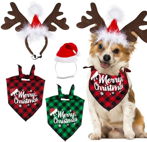 4 Stücke Hund Katzen Haustier Weihnachten Kostüm Set, Weihnachtsmütze Stirnband Weihnachtshund Bandanas Hundehalstuch für Haustier Weihnachten Kostüm Dekoration Zubehör