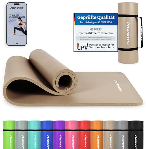 MSPORTS Gymnastikmatte Premium – rutschfeste Fitness- & Yogamatte | Hautfreundlich - inkl. Tragegurt, Übungsposter & Workout-App - 190 x 60 x 1,0 cm - Beige