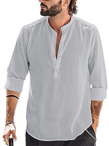 Runcati Camisa de lino de algodón para hombre, manga larga, cuello alto, camisa de playa, camisa de verano, camisas elegantes, gris, M