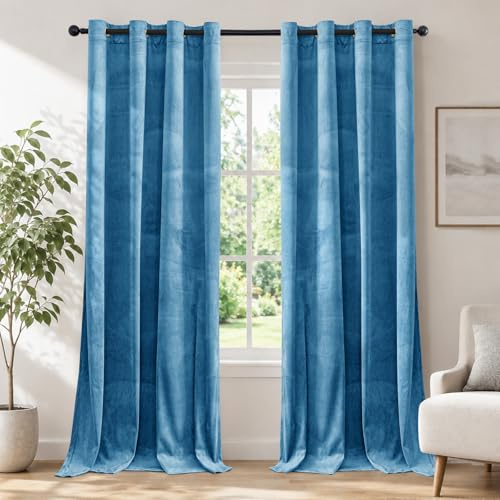 Ystyle Samt Vorhang Blickdicht 2er Set, H245 x B140 cm, Blau | Wasserabweisend Gardinen Wohnzimmer Modern, Thermovorhang Hitzeschutz Kälteschutz, Verdunklungsvorhänge per Soggiorno