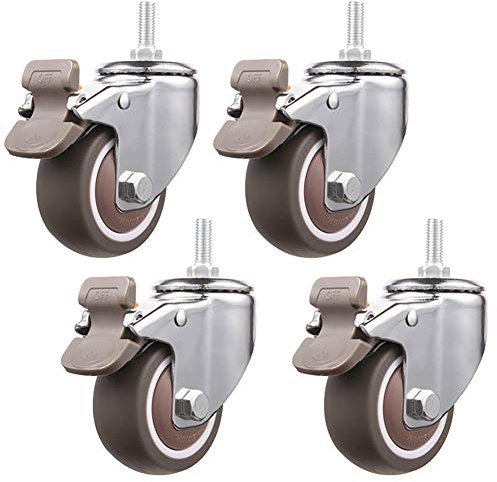 Lenkrollen, 3 Zoll, Schwerlastrollen, 75 mm, universelle Schwenkrollen für Möbel mit Bremse, M10 × 25 mm Gewinde, Industrielle leise Gummiräder für Tischwagen, Werkbank, 4 Stück, 320 kg – SC (4 mit Br