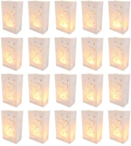 HERCHR 20 Stück Lichttüten, Candle Bags Papierlaterne Wiederverwendbar, Weiße Lichttüten, Herz Designte Laterne für Hochzeit, Geburtstag, Romantische Dekoration
