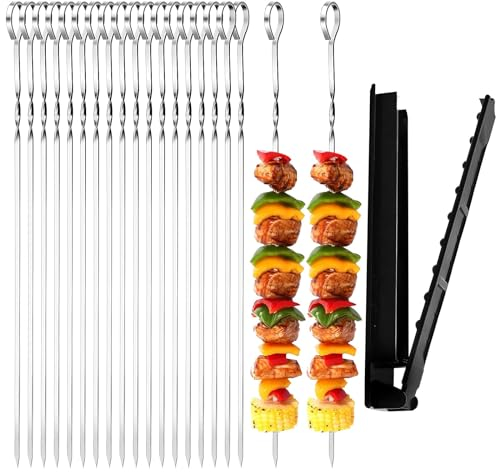 20 Pezzi Spiedini Acciaio Inossidabile, Spiedini per Barbecue, Spiedini BBQ Riutilizzabili, Metallo Piatto Spiedini, Accessori per Griglia per Casa, Campeggio, Picnic