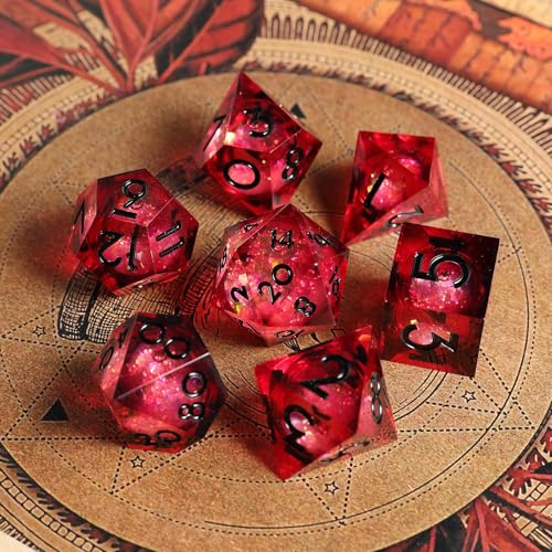 DnD-tärningsset i 7 delar med D4, D6, D8, D%, D10, D12, D20, handgjorda DnD-tärningar i konstharts med vassa kanter för Dungeons and Dragons, Pathfinder, rollspel, bordsspel, bordsrollspel, MTG-spel,