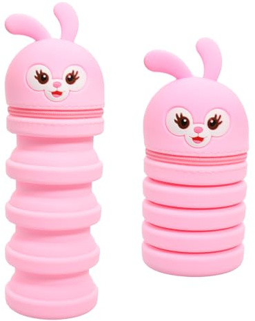 Husalsea Federmäppchen Kinder Silikon, Zusammenklappbar Federmäppchen Klein, Faulenzermäppchen Kann als Stifthalter Verwendet Werden, Kawaii Federmäppchen, Kleine Federtasche (Rosa Kaninchen)