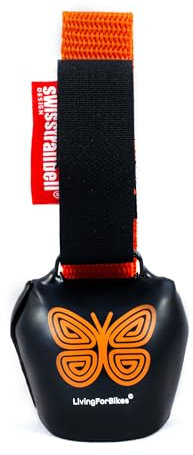 swisstrailbell® Mexico Edition Deep Black: Orange Mariposa, orangenes Band, Fahrradklingel, Trailbell, Signalglocke
