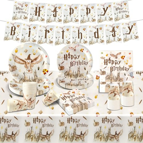 Wizard Geburtstag Deko Harry Partygeschirr Set Kinder- Pappteller Tischdecke Kindergeburtstag Junge Mädchen Geburtstagsdeko Geschirr Birthday Party Tableware Supplies Kit Teller Servietten Tassen