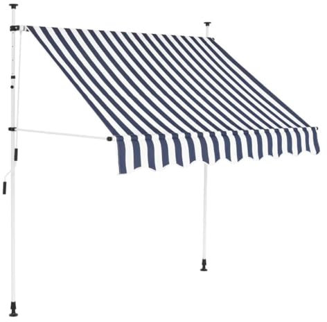 Manual Retractable Patio Awning for Outdoor Use Retractable Awning with Patio Arms. Blue and White Striped Outer Roof with Adjustable Height. Manual Folding Arm Awning, ID