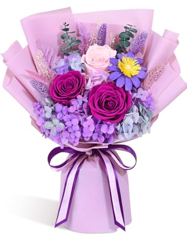 Yastouay Preserved Flowers for Delivery Prime, Preserved Purple Roses Bouquet for Mothers Day Gifts, Flowers Bouquet with Gift Box for Mother Day, Women Birthday Gift, Anniversary, Valentines Day