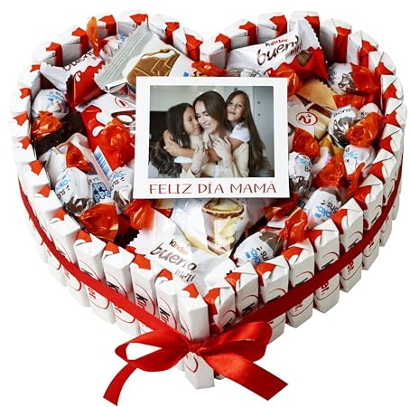 Onza Cesta Día de la Madre de Chocolates Kinder para regalar - Regalo dia de la madre - Regalos originales para madres - Corazón Chocolate Kinder Bueno Pack Personalizado con Foto Polaroid