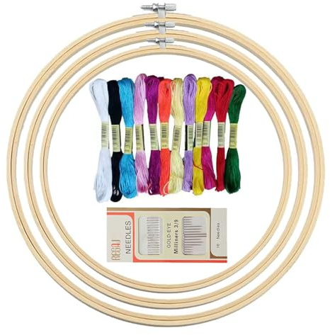 3 PCS Kit Ricamo, Kit Ricamo Principianti, Telaio Ricamo con 1 Scatola di Aghi e 12 Colori di Filo da Ricamo per Punto Croce e Lavori Artigianali, Regalo Ideale per Creativi