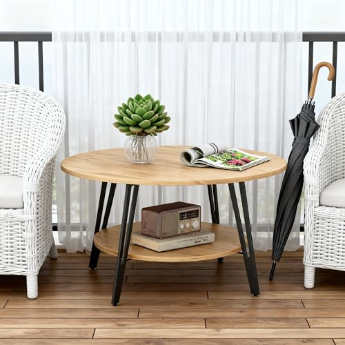 Manora Couchtisch,Wohnzimmertisch,Beistelltisch Couch,Rund aus Holz,Sofatisch mit Stauraum,Metall, Moderner Stil (Eieche)