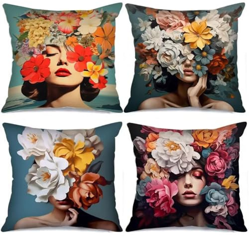 Kissenbezüge 4er Set Schönheit 35x35cm Dekorative Kissenhülle, Leinen Zierkissenbezüge mit unsichtbarem Reißverschluss, Weich Kissen Bezug Zierkissen für Sofa Wohnzimmer Zuhause Dekor Sv10776