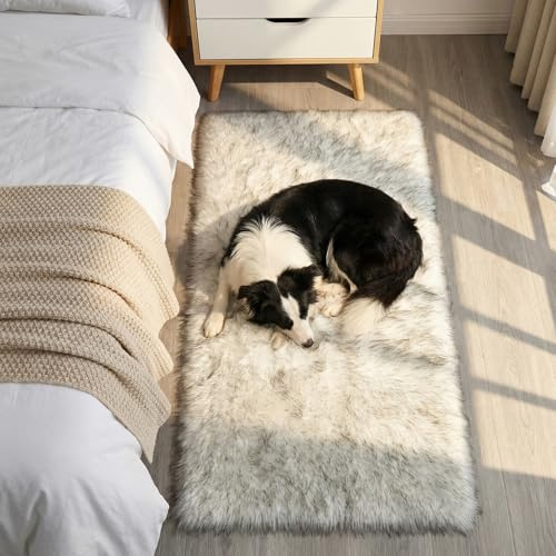 Mishukaze Plush Faux Sheepskin Rug-Ultra Soft Fluffy Bedside Carpet,Machine Washable Anti Slip Floor Mat,Silky Shag Area Rug for Bedroom,Living Room & Kids Room Decor（Gray Tip 60x110）