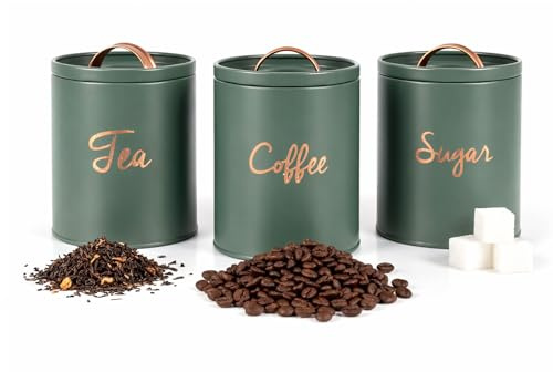 Besto Kitchen Canister Set (Green) | Metal Airtight Tea Coffee Sugar Canister with Silicone Seal | Kitchen Storage Set (3 Pcs) That Keep Edible Fresh for Longer