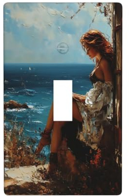 Woman Reading by The Sea - Cubierta decorativa rústica para interruptor de luz, 1 interruptor, placa de pared para cocina, granja, dormitorio, baño, decoración artística