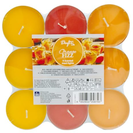 LED Universum - Juego de 9 velas de té aromáticas maxi | Orange Fizz | Tiempo de combustión aprox. 8 horas | Decoración de mesa para bodas, Navidad, festivales, fiestas