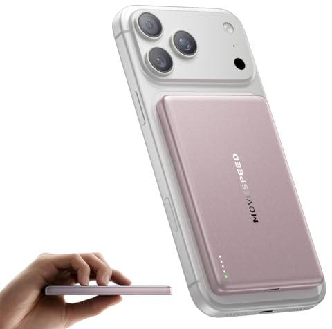 MOVE SPEED Magsafe Power Bank Magsafe Power Bank Slim 5000 mAh Magnetica Power Bank USB C 18 W Wireless Mini Power Bank Design Custodia in metallo compatibile con iPhone 17/16/15/14/13/Galaxy (Rosa