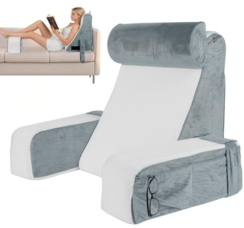 Cioquli Lesekissen für Bett und Sofa, Rückenkissen Bett für Erwachsene | Rückenlehne mit Abnehmbaren Armlehnen & Nackenrolle, Multifunktions Rückenstützkissen zum Lesen/Spielen/Fernsehen(Grau+Weiß)