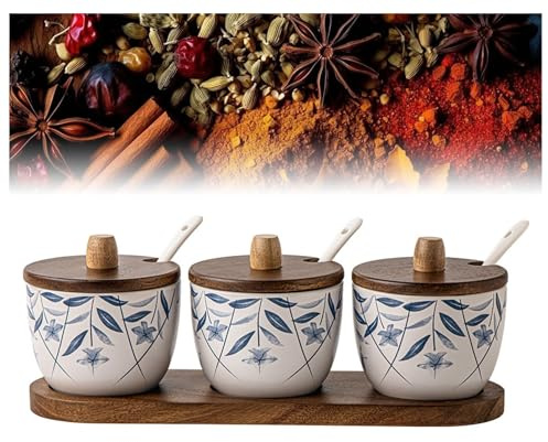 Juego de 3 tarros de especias de cerámica, juego de tarros de especias con tapa y cuchara, salero vintage, azucarero, recipiente de cocina, almacenamiento for cocina y mesa de comedor