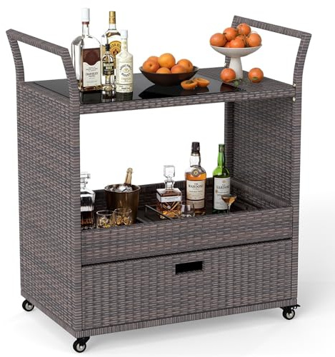 COSTWAY Carrello Bar in Rattan da Esterno, Tavolo Bar Mobile con Piano in Vetro Temperato, Ripiano Aperto e Cassetto Capiente, Carrello di Servizio per Patio Veranda Cortile e Giardino