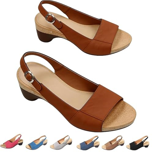 Pumio Sandalias de cuña ortopédicas for mujer, zapatos acolchados con soporte for el proa, puntera abierta, correa ajustable, tacón bajo de ajuste ancho(Brown,40EU)