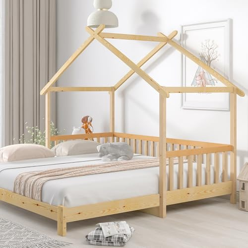 HUQIQWE Letto A Casetta 90x200 cmE 90x200 cmIn Legno Massello Estensibile, Letto Singolo Convertibile In Doppio Con Protezione Laterale E Rete A Doghe, Per Camera Ospiti E Spazi Compatti