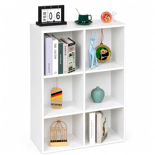 Floordirekt Bücherregal Weiß mit 6 Fächern, Bücherschrank, Würfelregal, Standregal für Wohnzimmer, Schlafzimmer, Büro, Kinderzimmer