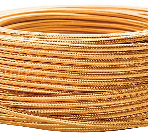 Textilkabel für Lampen, 5 m Gold, 3-adrig, (3x 0,75 mm²) - Kunststoff Stromkabel mit Erdleiter, Textil ummantelt