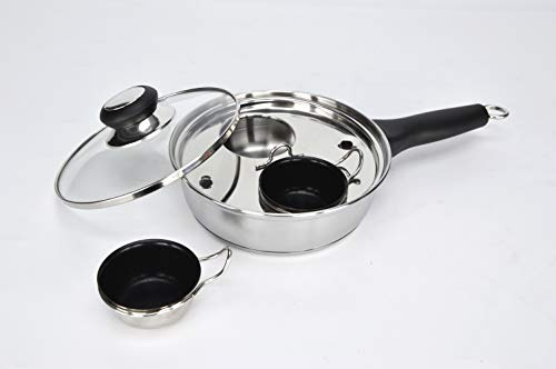 RUNZI 2 Cups Egg Poacher Pan - Stainless Steel Poached Egg Cooker – Perfect Poached Egg Maker – Induction Cooktop Egg Poachers Cookware Set with 2 Nonstick Large Silicone Egg Poacher Cups