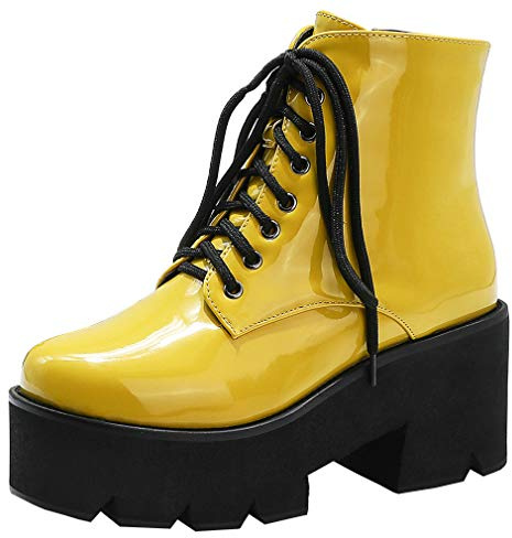 Parisuit Women's Chunky Gothic High Heels Lace Up Ankle Boots Patent Leather Platform Booties Fashion Punk Shoes-yellow size 8