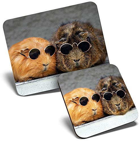 Mouse Mat & Coaster Set - Guinea Pigs with Sunglasses 23.5 x 19.6 cm & 9 x 9 cm for Computer & Laptop, Office, Gift, Non-slip Base #21563