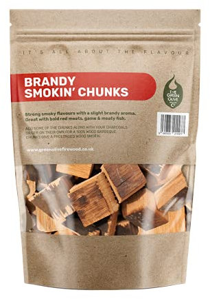 Grünes Olivenholz – Holzbrocken zum Räuchern, 5 l, ideal für den Einsatz in Grills oder Smokern, aromatisierte große Räucherchips, zum Räuchern von Fleisch, Fisch und sogar Gemüse, Brandy