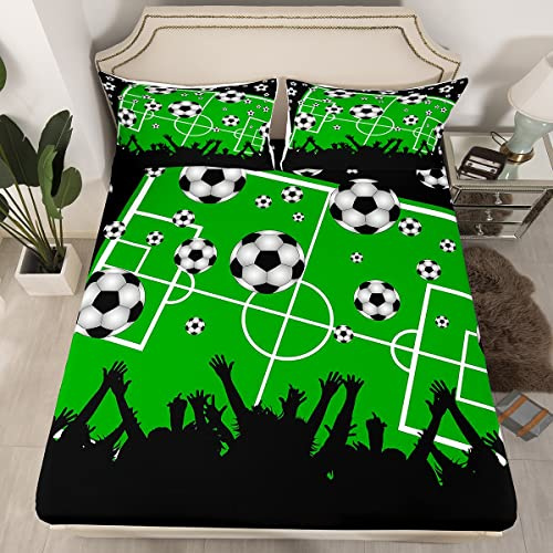 Juego de sábanas de fútbol para niños, sábana bajera ajustable para niños, ultrasuave, juego de ropa de cama deportiva con balón de fútbol, funda de cama de juegos competitivos, color negro y verde