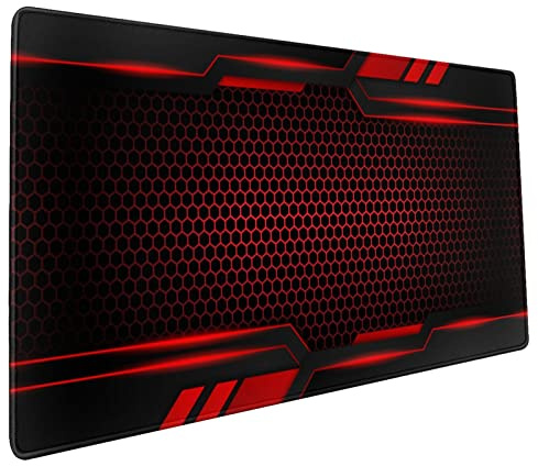 Mauspad in rot-schwarz, verlängertes großes Mauspad mit modernem Geometriemuster, Kunstdesign, rutschfeste Gummiunterseite, genähten Kanten, wasserdicht, Gaming, Heimbüro, 90 x 40 cm, XXL