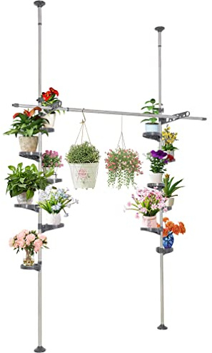 Hershii Teleskop Blumenregal Blumenständer Ecke Pflanzenregale mit 12 Blumentopfhalter und 2 Aufhänger 1 Hängestange für Blumenkörbe und Innenbalkon Garten Höhenverstellbarer 230~290cm Metall Grau