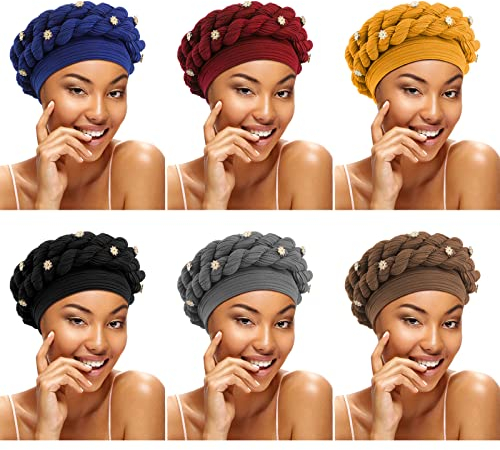 6 Stück afrikanische Turban-Kappe, geflochtener Kopf, verdreht, Turban-Hüte für Frauen, gebundene Headwraps für schwarze Frauen, Kunstperlen, Kopftuch, Beanie-Turban, Klassische Farben, Einheitsgröße