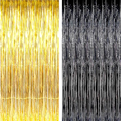 AILEXI 2 PCS 92CM*245CM Partei liefert Folie Fringe Schimmer Vorhänge, Tür Fenster Dekorationen Streamer oder Wand Backdrop Tinsels - Schwarzes Gold
