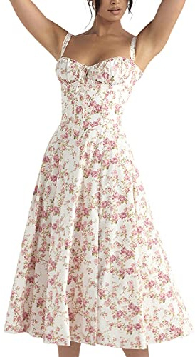 Odizli Women Summer Sexy Spaghetti Strap Floral Boho Style Corset Slit Midi Dresses