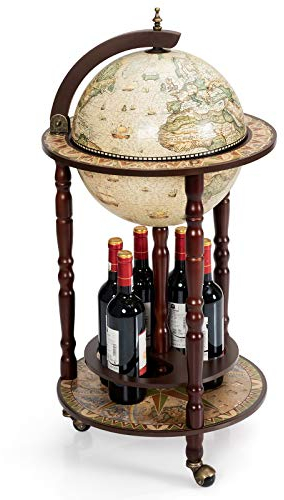 KOMFOTTEU Globus Bar Barwagen, Minibar mit Rollen, Weinregal mit Klassischem Design, Cocktailbar Barschrank für Wein, Getränke 45x45x88cm (Beige)