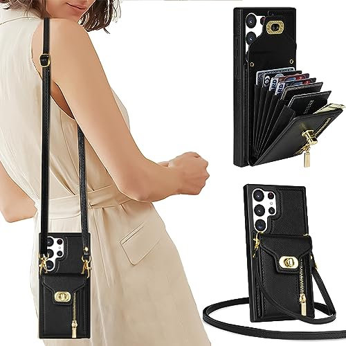 SEHEYA for Samsung Galaxy S23 Ultra Lanyard Case PU Leather Neck Strap Crossbody Small Mobile Phone Bag Large Capacity Card Holders Wallet Purse